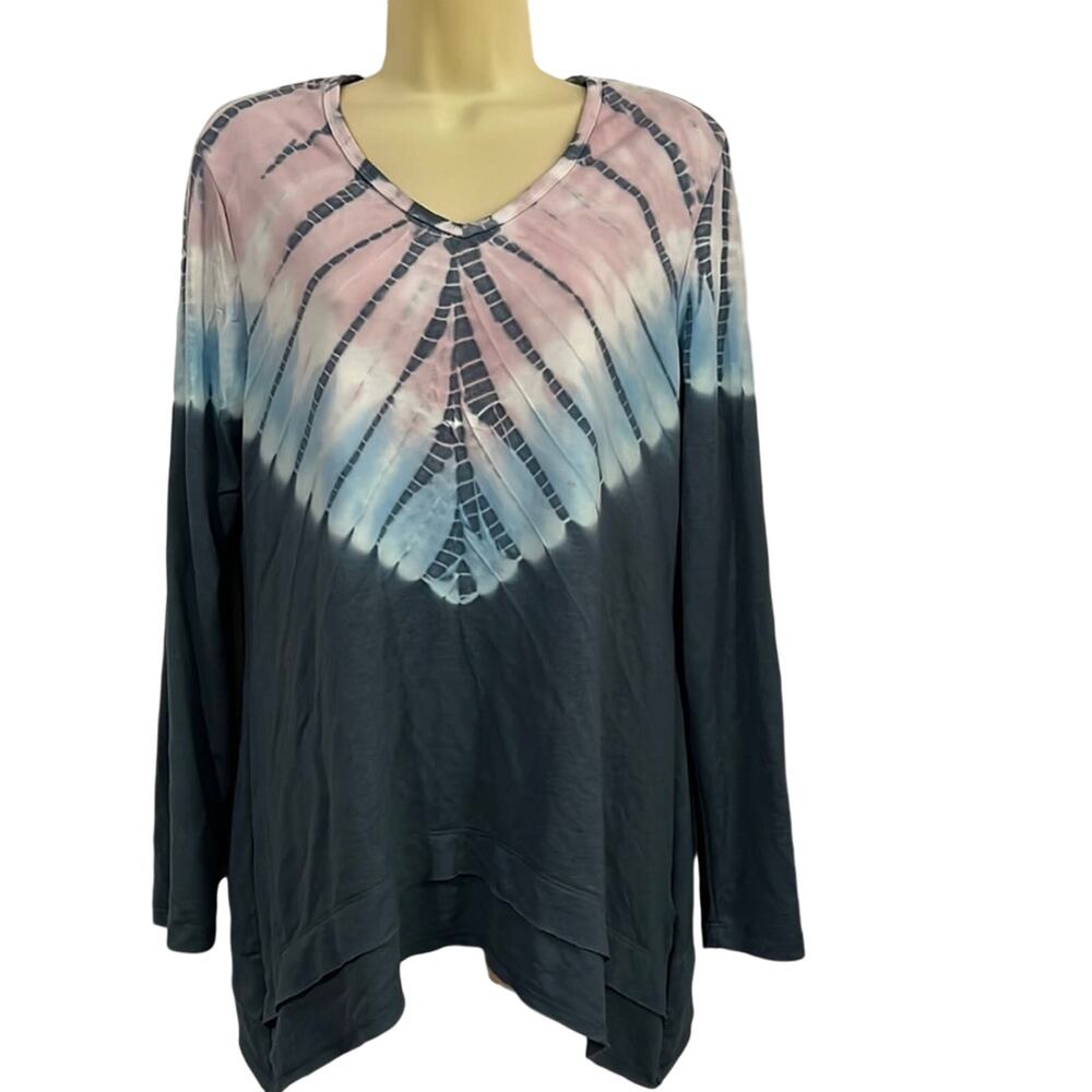 Green Tea Blue & Pink Tie Dye Knit Tunic Top Woman Size Medium V-Neck